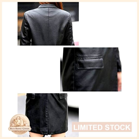 PU Leather Trench Coat with Turn Down Collar and Pockets - Picture 6 of 6